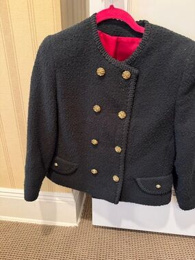 Black Textured Double-Breasted Jacket with Gold Buttons
